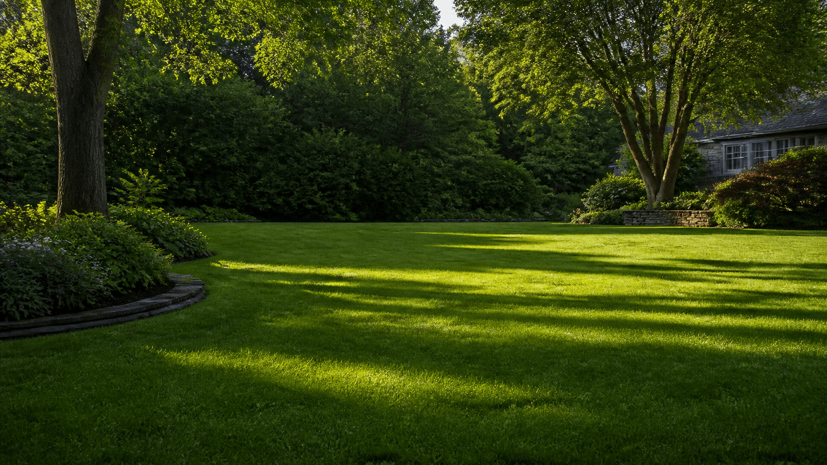 A freshly cut lawn crossed by long tree shadows, with mature trees, layered shrubs and a stone-edged bed around it