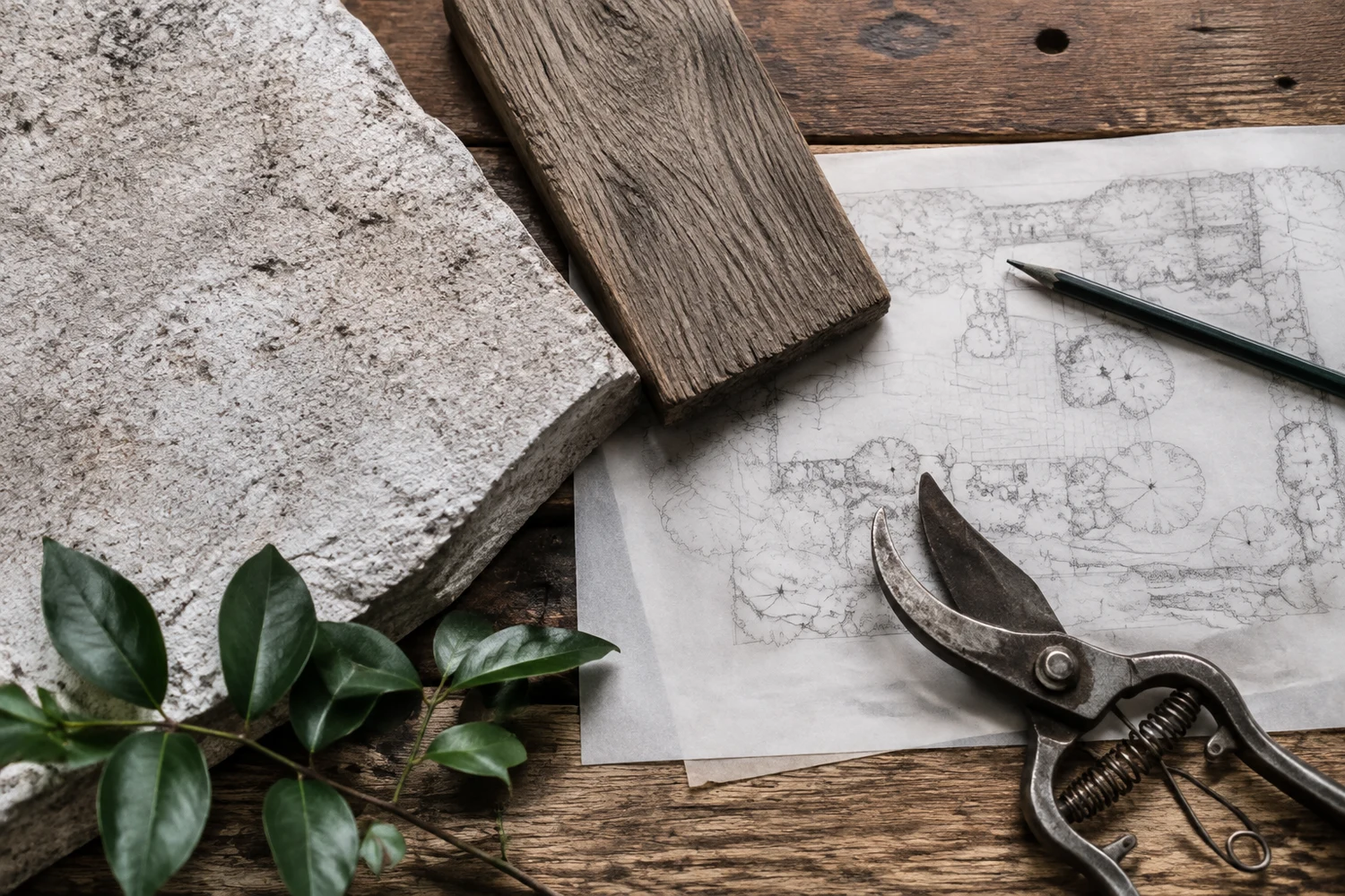 Stone and cedar samples beside a garden plan and pruning shears